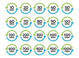 Vector set of icons of network speed from Mbit do Gbit. Internet acceleration. Simple speedometer