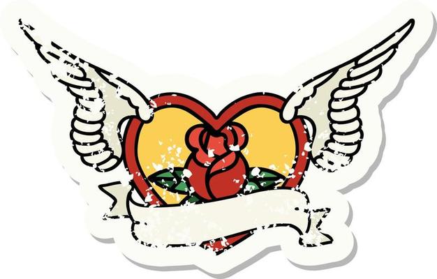 distressed sticker tattoo in traditional style of a flying heart with flowers and banner