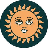 icono de estilo tatuaje de un sol con cara vector