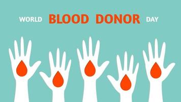 World blood donor day, human hand is raised in front, drop of blood, banner in cut paper style. Volunteering concept. Vector stock illustration.