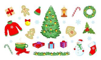 Winter New Year and Christmas set of elements isolated on white background. Festive collection for design. Vector stock illustration.