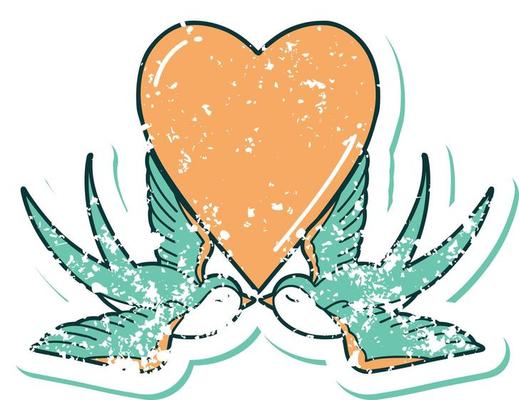 distressed sticker tattoo style icon of a swallows and a heart