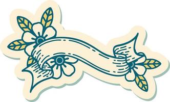 tattoo style sticker of a banner and flowers vector