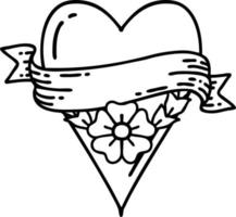 black line tattoo of a heart flower and banner vector