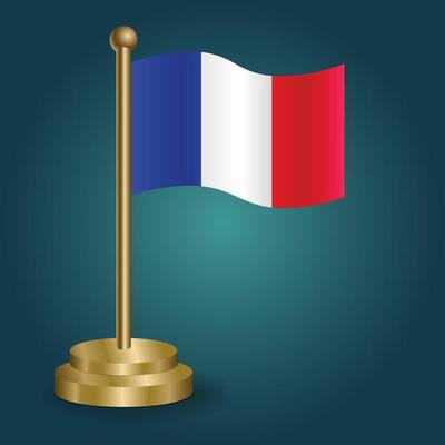 France national flag on golden pole on gradation isolated dark background. table flag, vector illustration