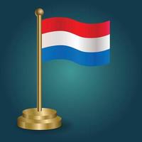 Netherlands national flag on golden pole on gradation isolated dark background. table flag, vector illustration