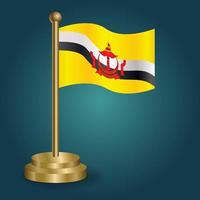 Brunai national flag on golden pole on gradation isolated dark background. table flag, vector illustration