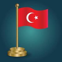 Turkey national flag on golden pole on gradation isolated dark background. table flag, vector illustration