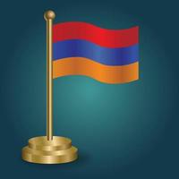 Armenia national flag on golden pole on gradation isolated dark background. table flag, vector illustration