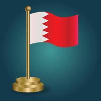 Bahrain national flag on golden pole on gradation isolated dark background. table flag, vector illustration