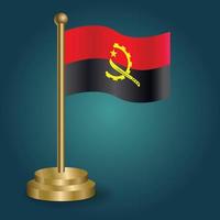 Angola national flag on golden pole on gradation isolated dark background. table flag, vector illustration