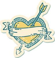 distressed sticker tattoo style icon of an arrow heart and banner vector