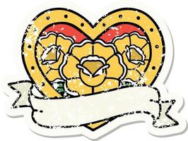 traditional distressed sticker tattoo of a heart and banner with flowers vector