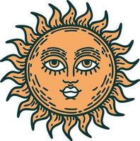 icono de estilo tatuaje de un sol con cara vector