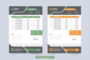 Creative invoice and product purchase receipt with price section. Simple business invoice template design with green and orange colors. The print-ready corporate voucher and cash receipt vector. vector