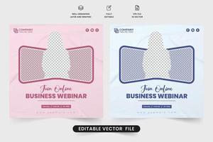 Business webinar social media post vector with lavender and blue colors. Minimalist digital agency seminar invitation template vector. Corporate business web banner and conference webinar template.