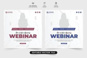 Modern business seminar schedule and webinar template vector. Webinar social media post design with lavender and blue colors. Online business invitation and webinar template for digital marketing. vector