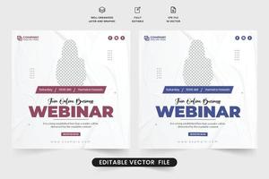 calendario de seminarios de negocios modernos y vector de plantilla de seminario web. diseño de publicaciones en redes sociales de seminarios web con colores lavanda y azul. invitación de negocios en línea y plantilla de seminario web para marketing digital.