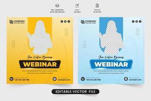 Online business webinar social media post vector for digital marketing. Modern webinar design for business promotion and presentation. Business seminar web banner template with yellow and blue colors.