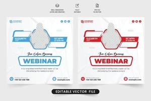 webinar social media post vector con formas abstractas sobre un fondo blanco. diseño de plantilla de presentación de negocios en línea con color azul. plantilla de seminario web de marketing digital para invitaciones de negocios.