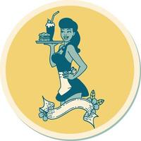 tattoo style sticker of a pinup waitress girl with banner vector