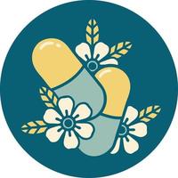 tattoo style icon of pills and flowers vector