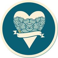 tattoo style sticker of a heart and banner with flowers vector