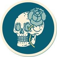 pegatina estilo tatuaje de una calavera y una rosa vector