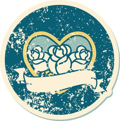 distressed sticker tattoo style icon of a heart and banner with flowers