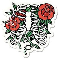 traditional distressed sticker tattoo of a rib cage and flowers vector