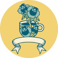 icono con pancarta de una taza y flores vector