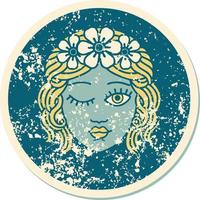 distressed sticker tattoo style icon of a maidens face winking vector