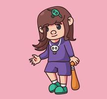 cute girl gangster with baseball stick. Isolated cartoon person illustration. Flat Style Sticker element vector