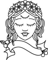 black linework tattoo with banner of female face with third eye vector