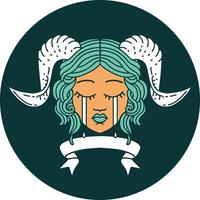 crying tiefling character face with scroll banner icon vector