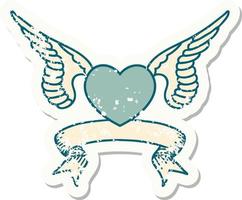 grunge sticker with banner of a heart with wings vector