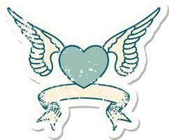 grunge sticker with banner of a heart with wings vector