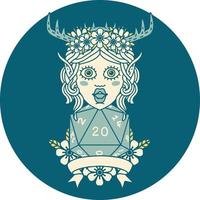 elf druid character with natural 20 dice roll illustration vector