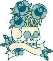 tatuaje con pancarta de calavera y rosas vector