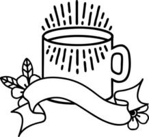 black linework tattoo with banner of cup of coffee vector