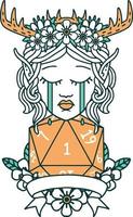 sad elf druid character face with natural one D20 roll illustration vector