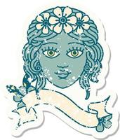 grunge sticker with banner of female face with crown of flowers vector