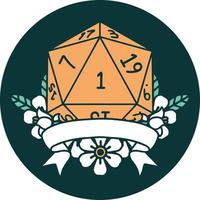 natural one d20 dice roll icon vector