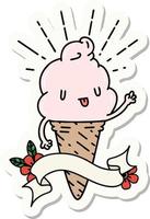 sticker of tattoo style ice cream character waving vector