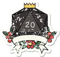 grunge sticker of a natural 20 critical hit D20 dice roll vector