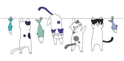 Cats are hanging on a rope. Fish on a string. Cute animal cats cartoon set