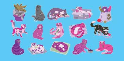 Cute cats funny kittens sleep play sit catch mouse kitty in various pose vector