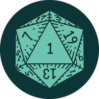 natural 1 D20 dice roll icon vector