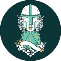 crying elf fighter character face with natural one D20 roll icon vector