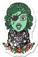 half orc rogue with natural 20 dice roll grunge sticker vector